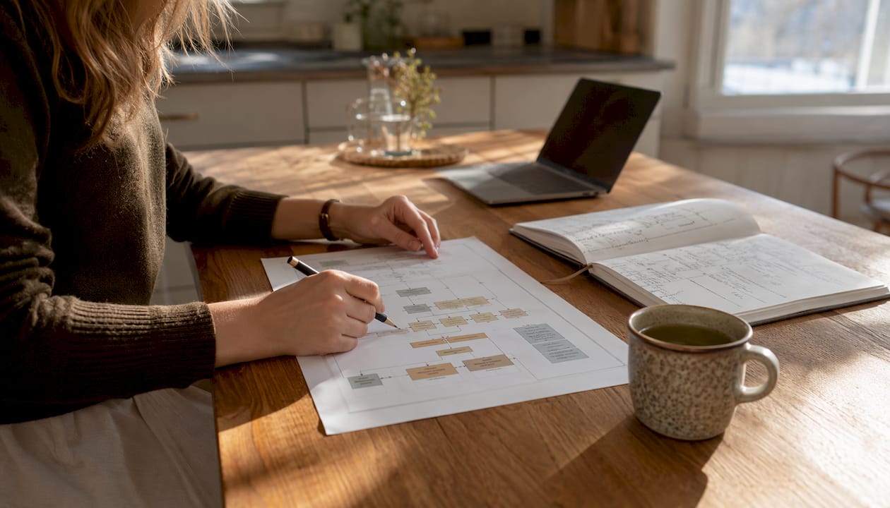 Close-up of hands adjusting pricing model documents
