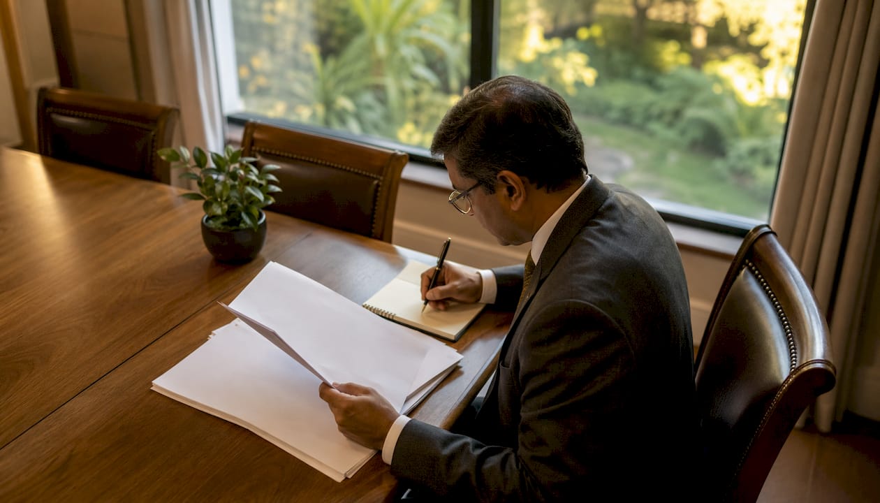 Man reviewing AML policy documents at desk