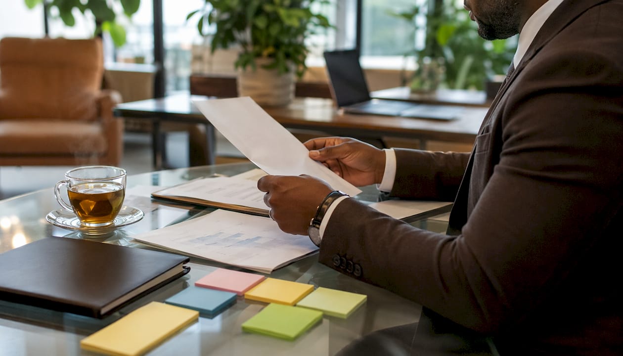 Hands reviewing onboarding paperwork at desk