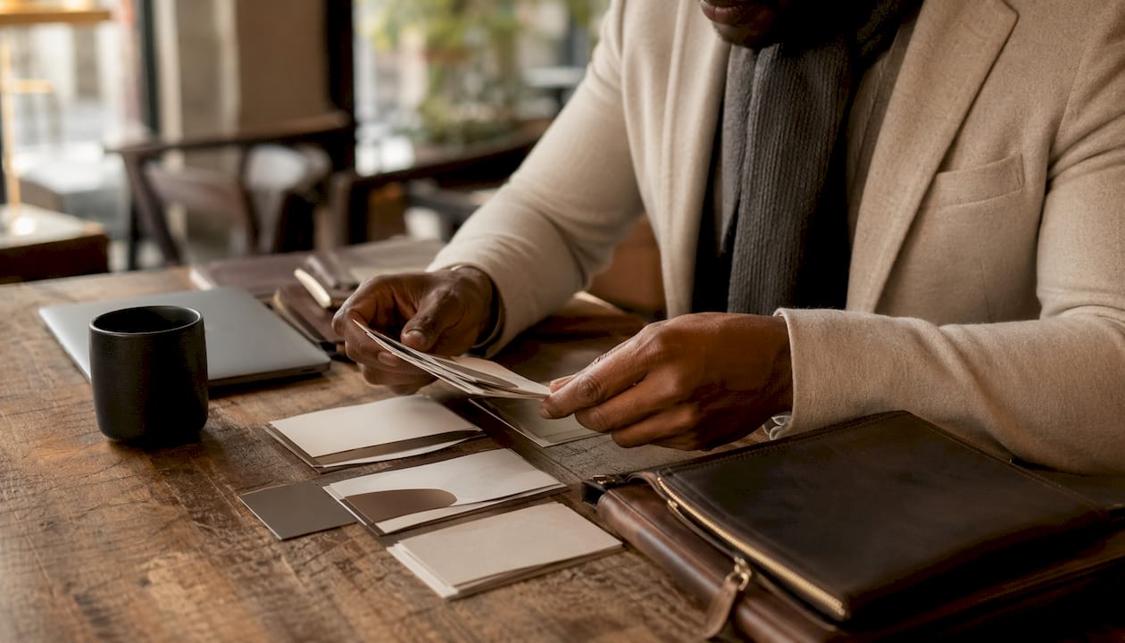 Hands arranging payout method brochures on conference table