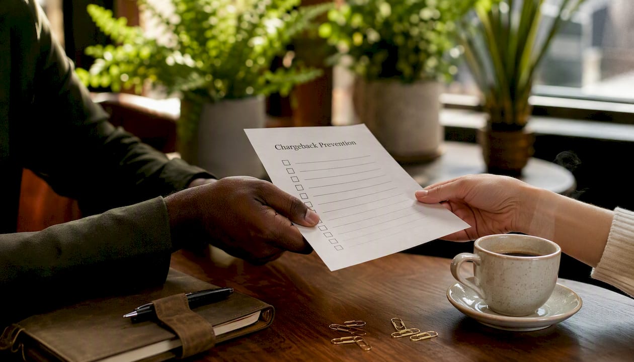 Hands exchanging chargeback prevention checklist