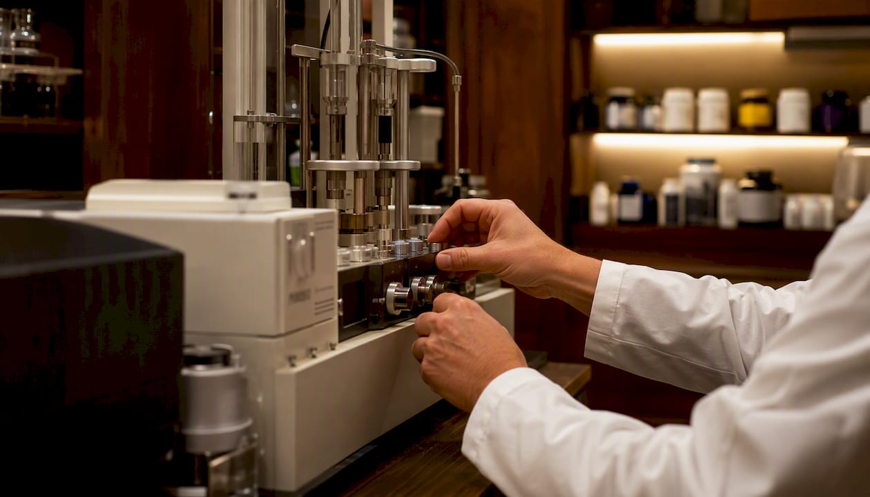 Hands adjusting lab testing equipment