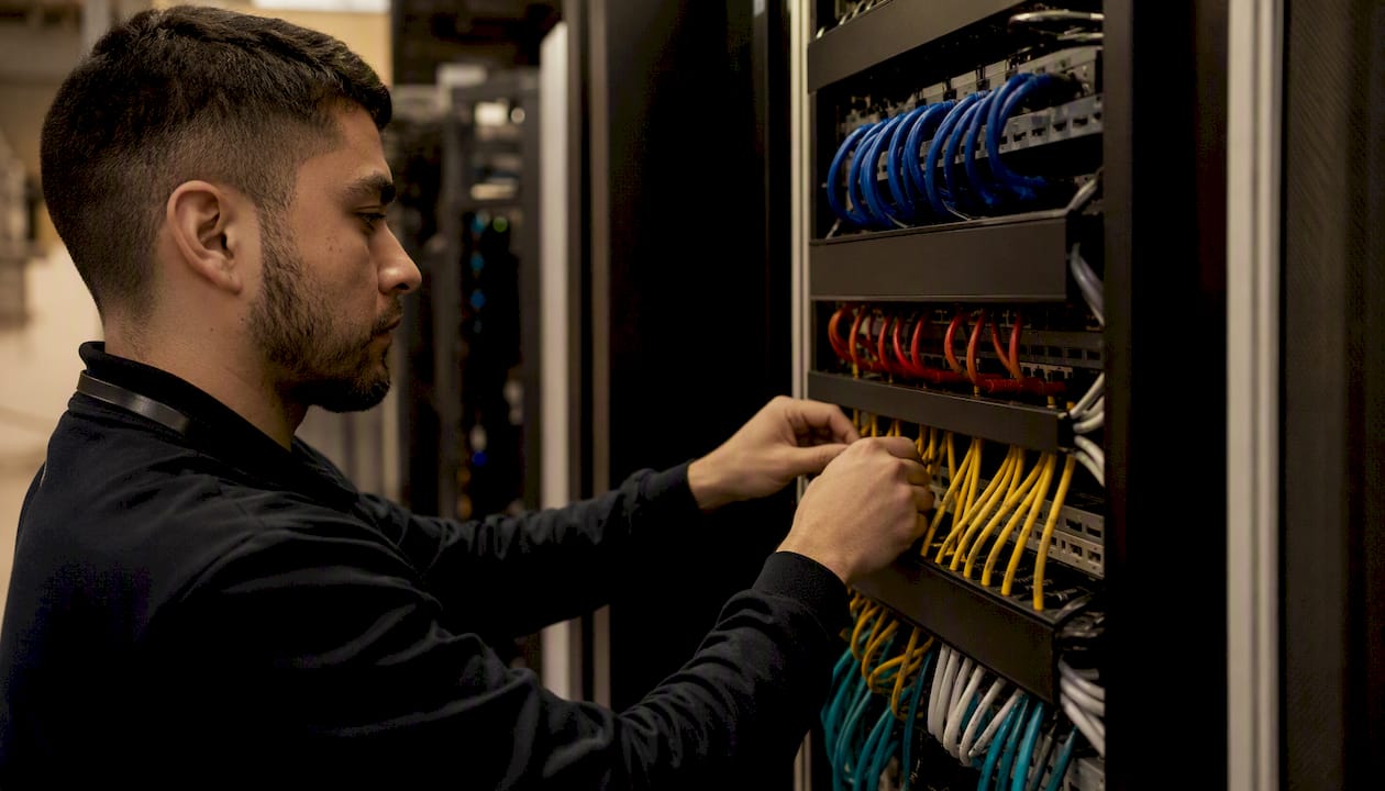 Hands managing network cables in data center
