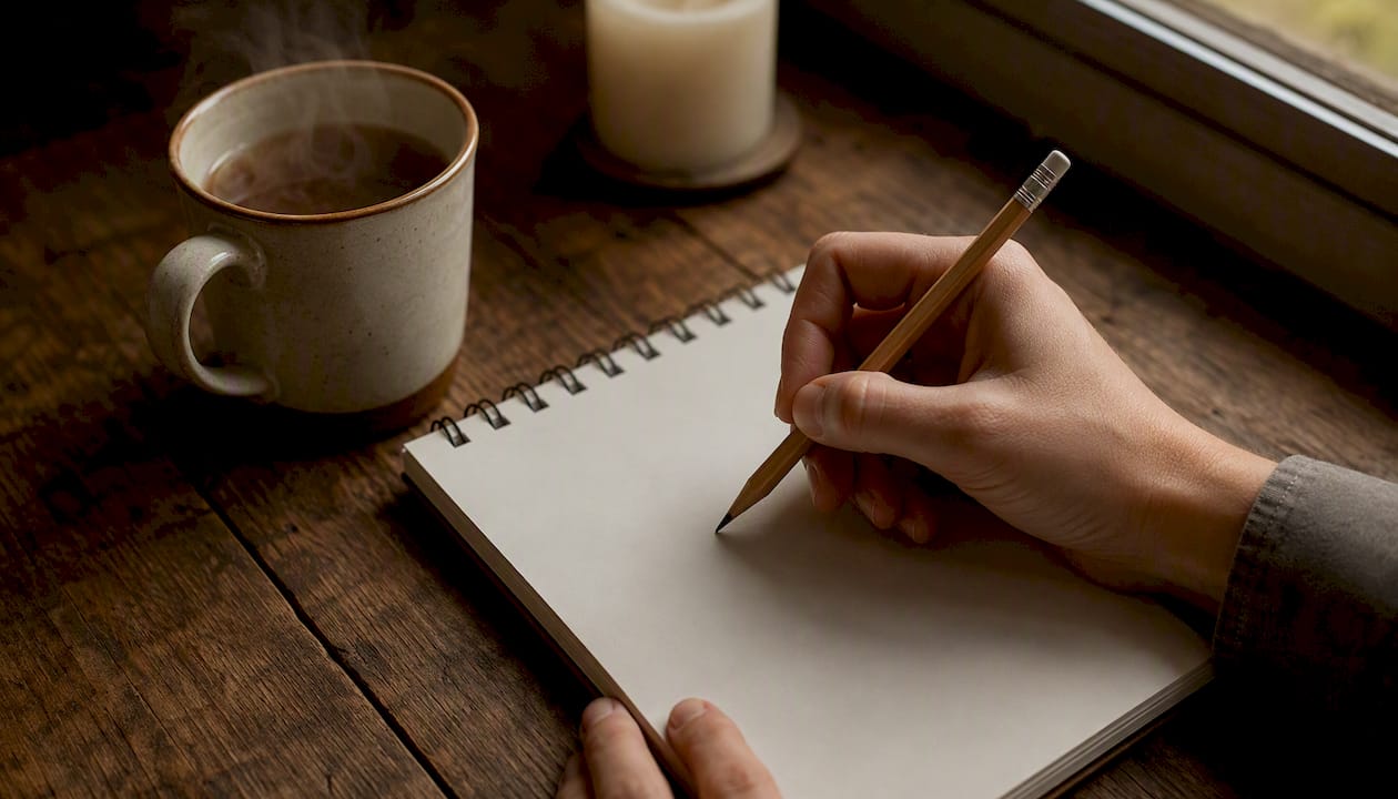 Hand holding pencil near blank notepad