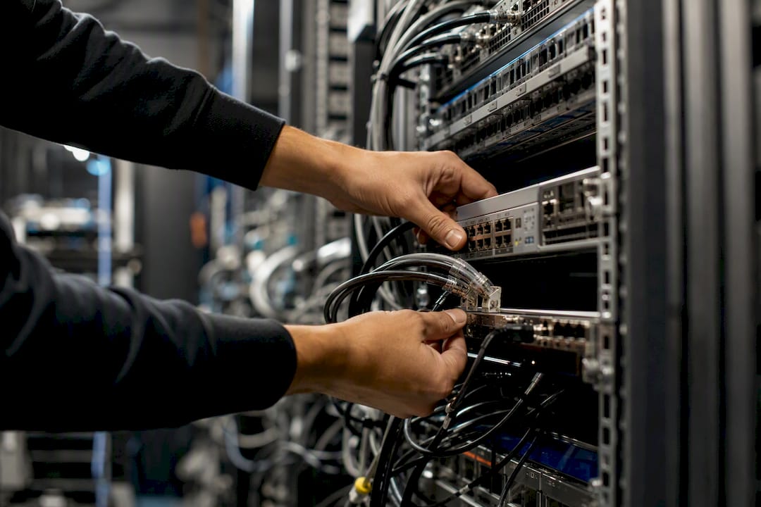 Hands routing network cables in data center