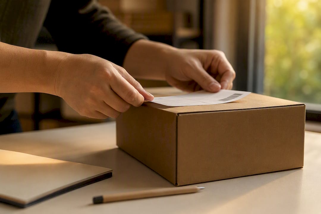 Hands labeling package for shipping proof