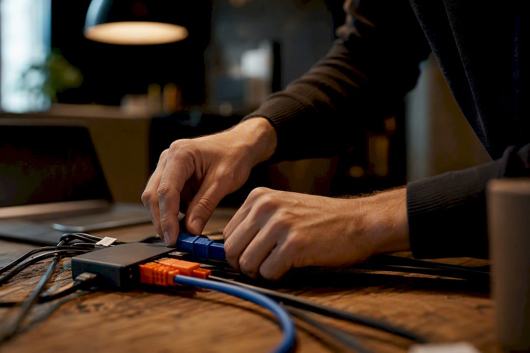 Hands handling complex payment system cables