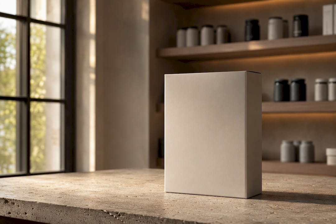 Unbranded supplement packaging on wood shelf