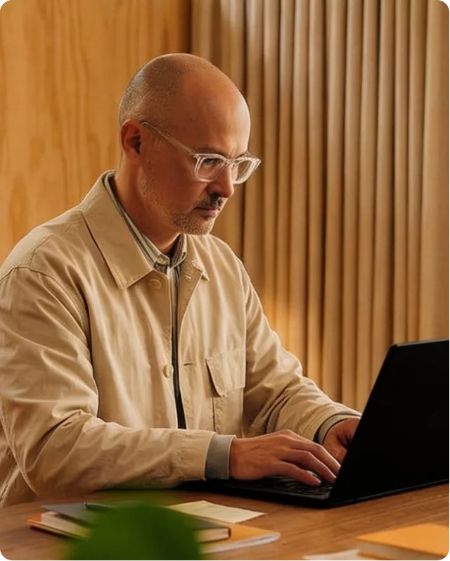 Homme portant des lunettes travaillant sur un ordinateur portable à une table en bois.