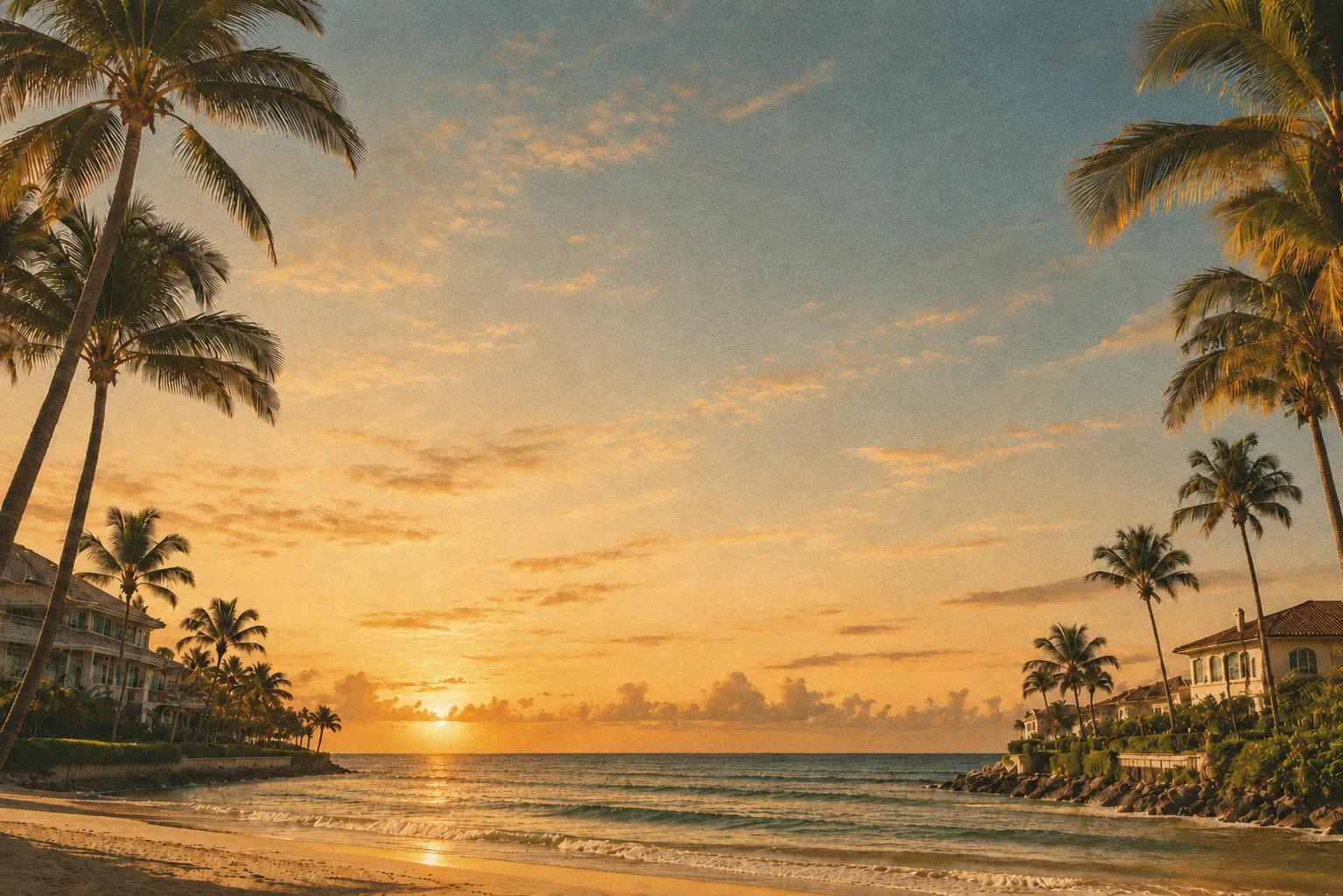 Sun setting over ocean beach lined with palm trees and houses on both sides.