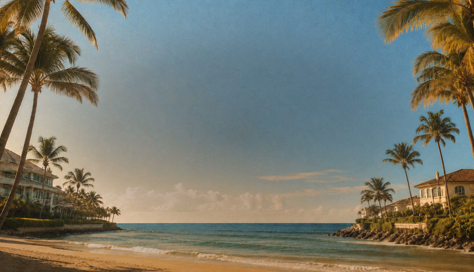 Calm ocean beach at sunset with palm trees and waterfront houses on both sides.