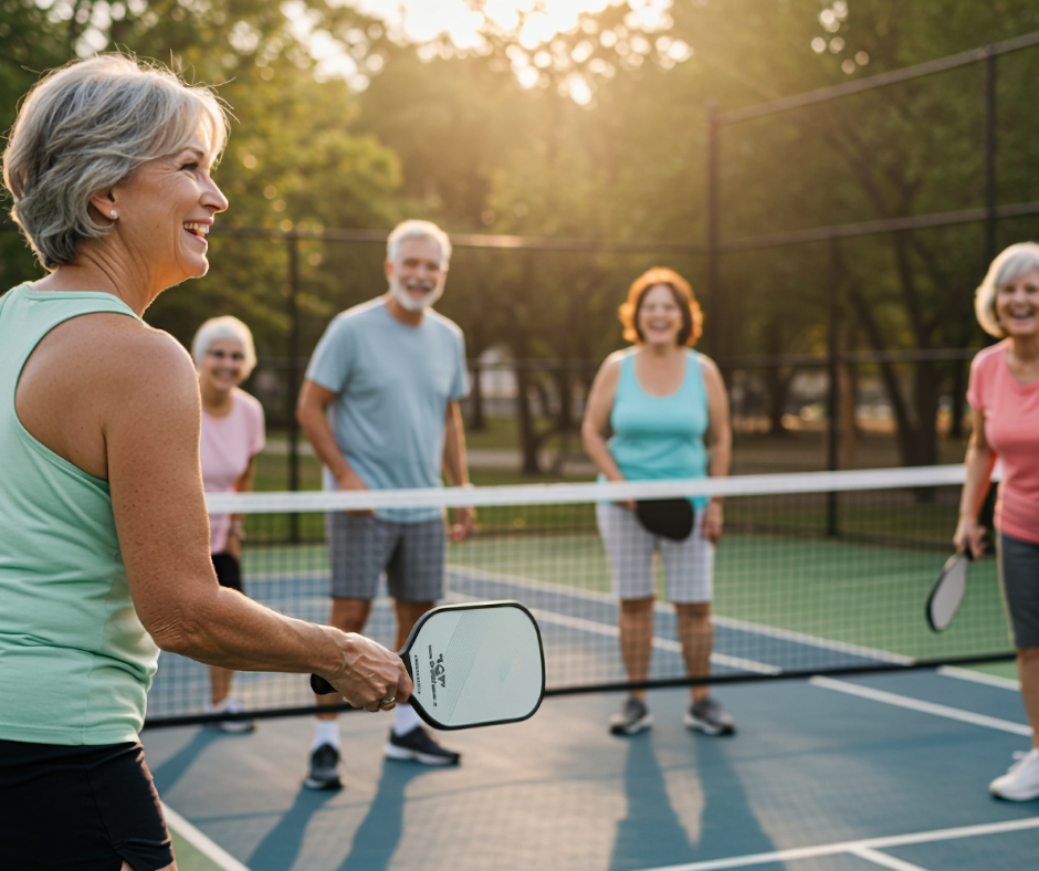 Seniors playing pickleball outdoors