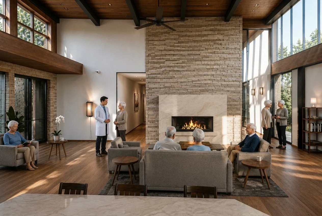 Residents and a care professional gathered around the fireplace in the light-filled great room