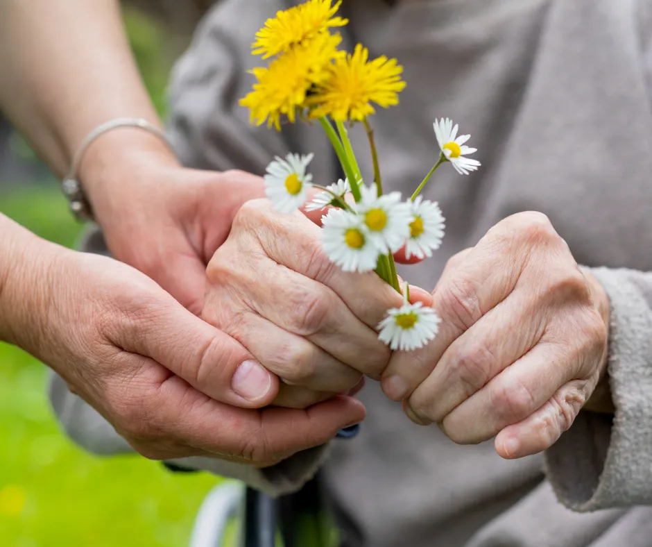 Hands holding flowers, a moment of family connection