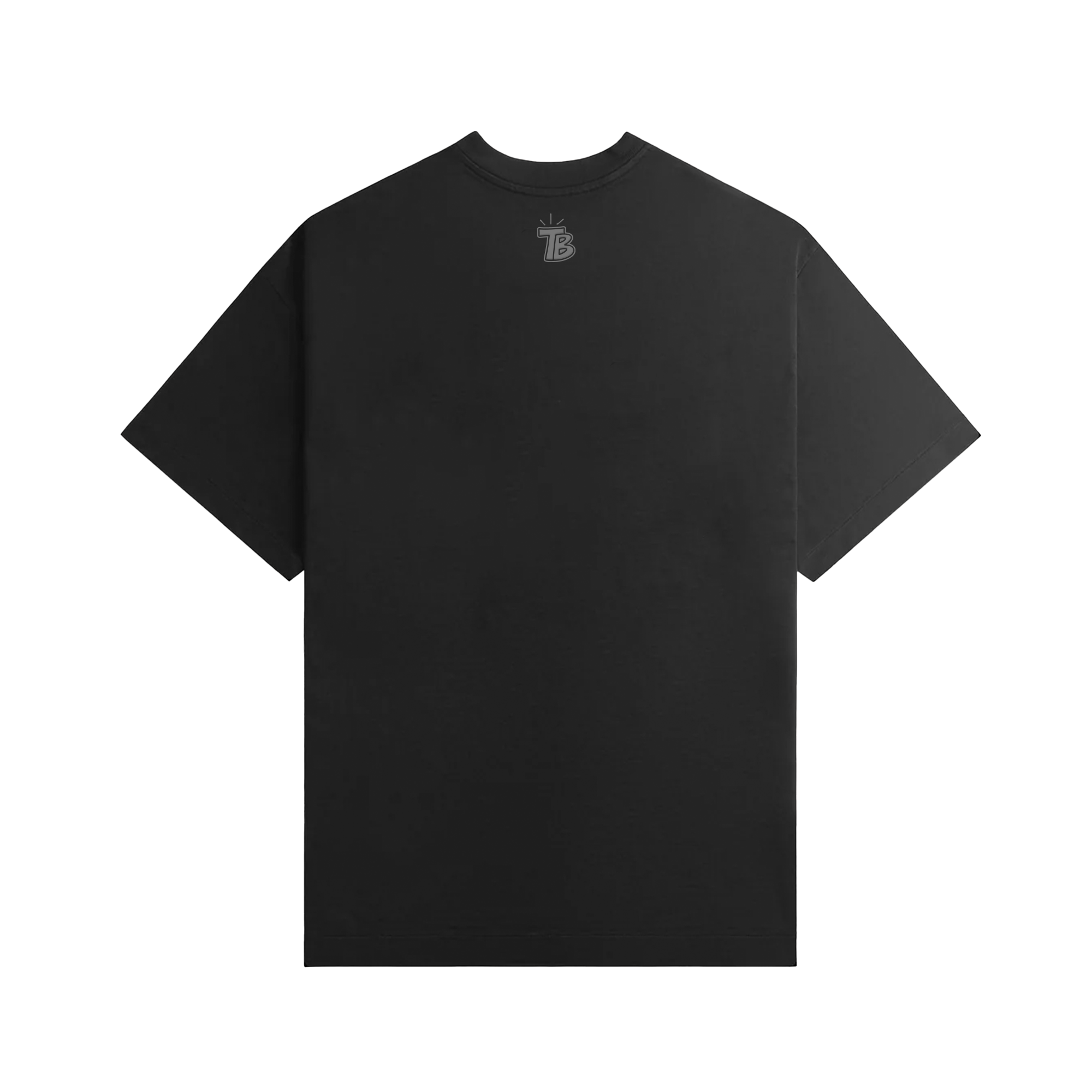 Plain black short-sleeve t-shirt shown from the back with a small TB logo near the neckline.