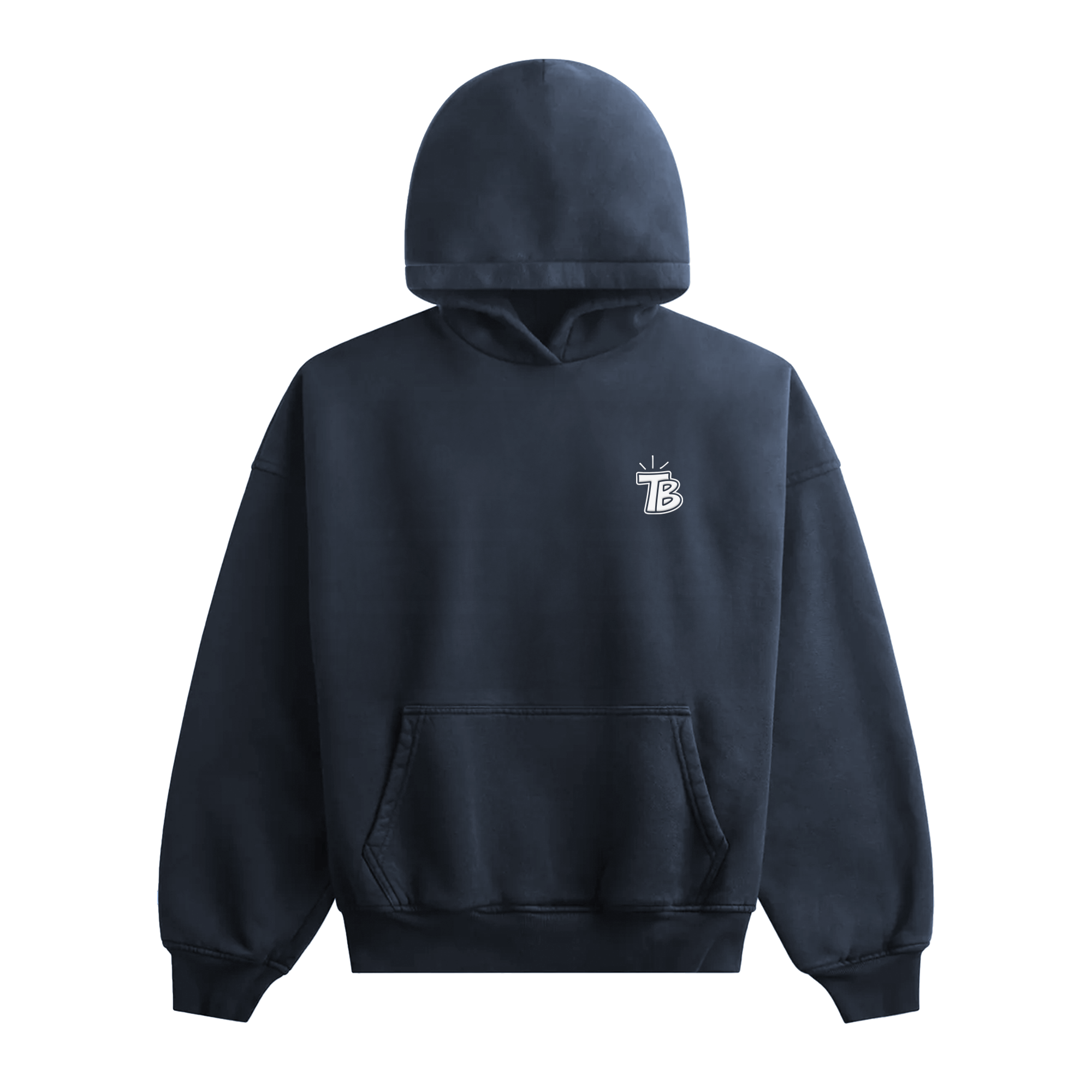 Navy blue hoodie with front pocket and small white TB logo on chest.