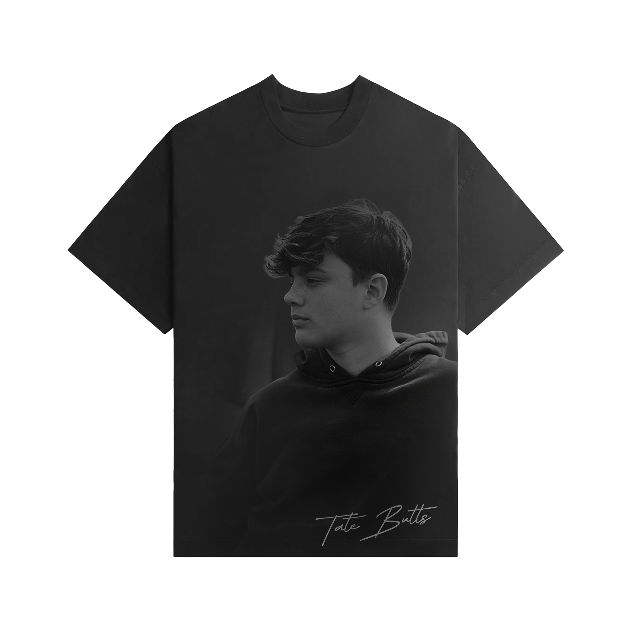 Black T-shirt with a grayscale portrait of a young man and the signature Tate Butts on front.