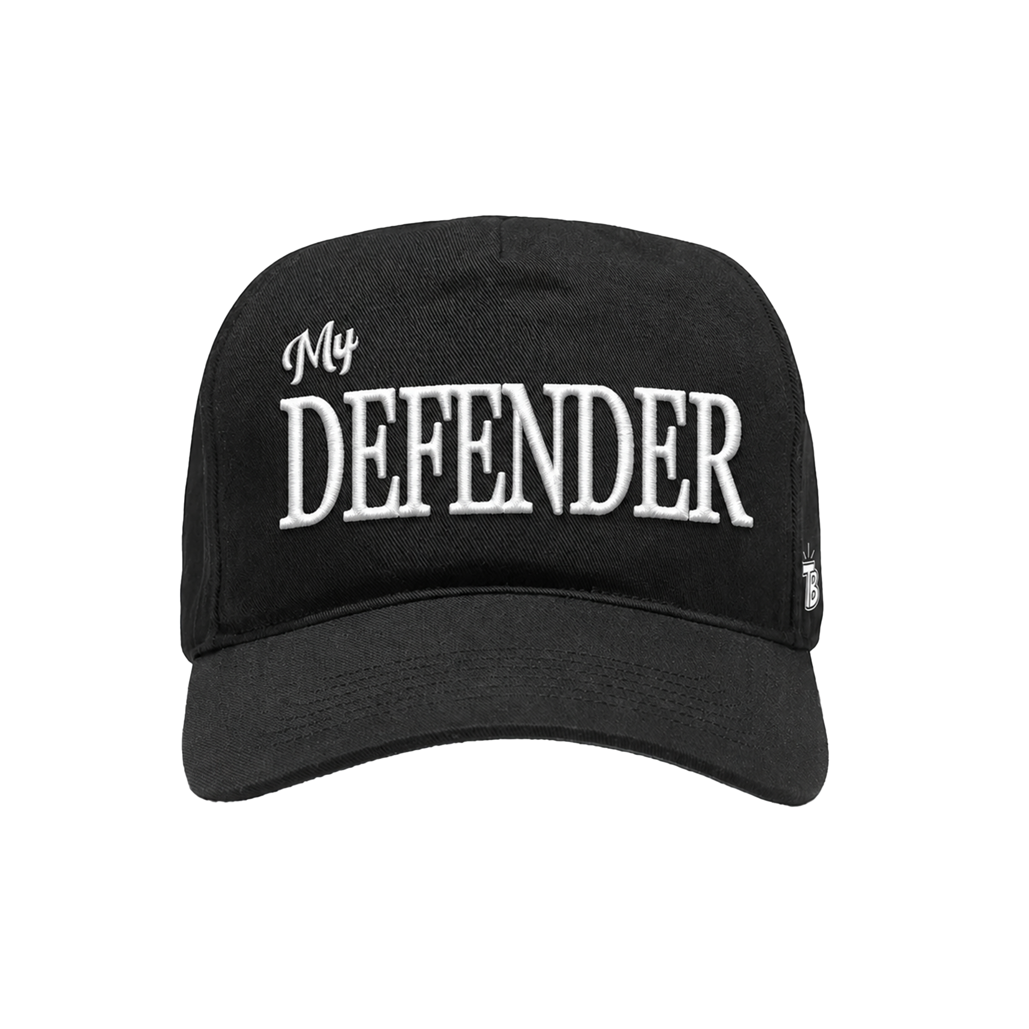 Black baseball cap with the white embroidered words My DEFENDER on the front.