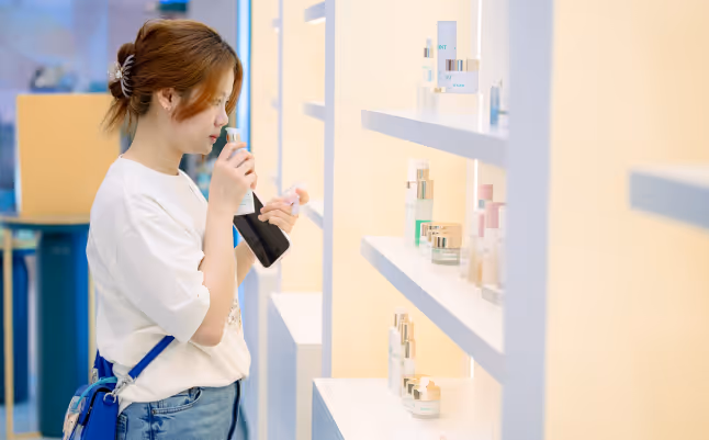 Young woman smelling a cosmetic product in a store while holding a phone with a blue strap bag.