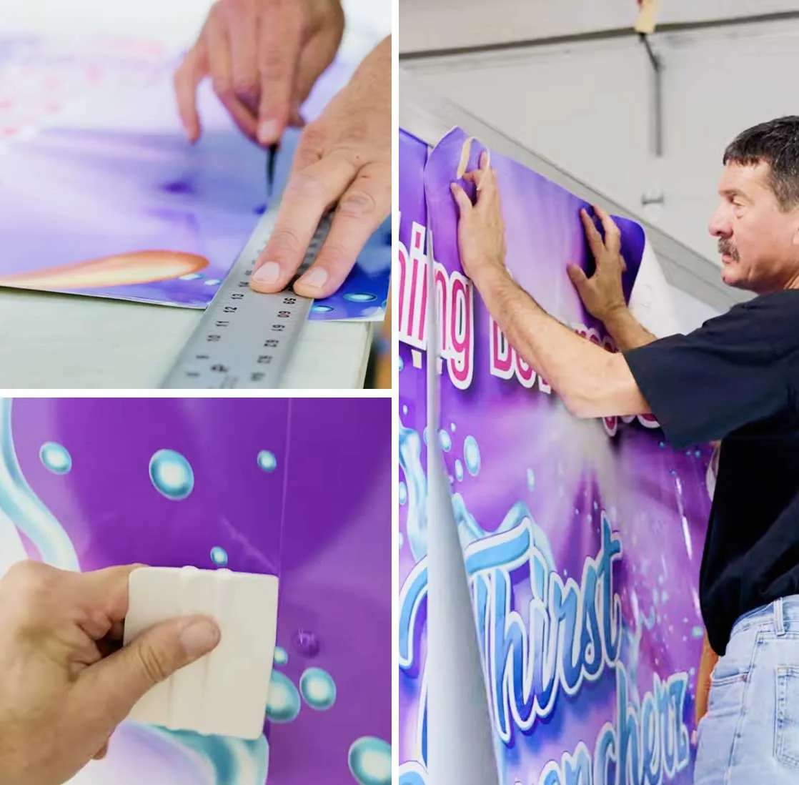 Three images showing the installation of a large purple vinyl wrap with bubble graphics and text. One image shows hands using a ruler and cutting tool to trim the wrap, another shows hands applying the wrap onto a surface, and the third shows a hand smoothing the vinyl with a white squeegee tool.