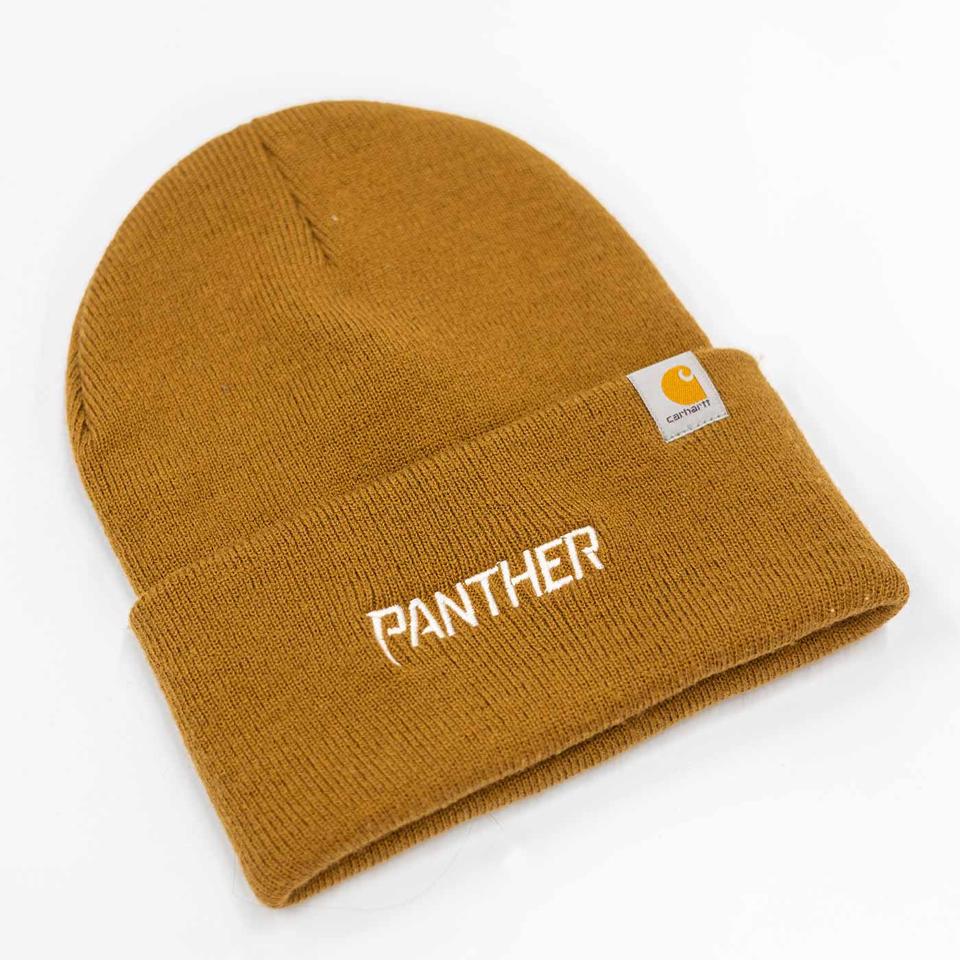 Carhartt brand brown knit beanie hat with the word 'PANTHER' embroidered in white on the folded cuff.