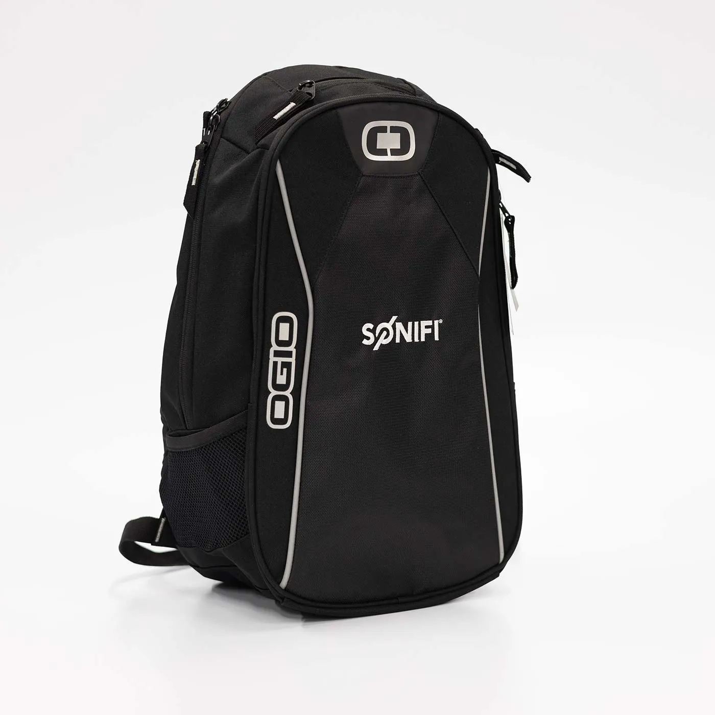 Black OGIO backpack with white SONIFI logo on front and reflective piping details on a white background.