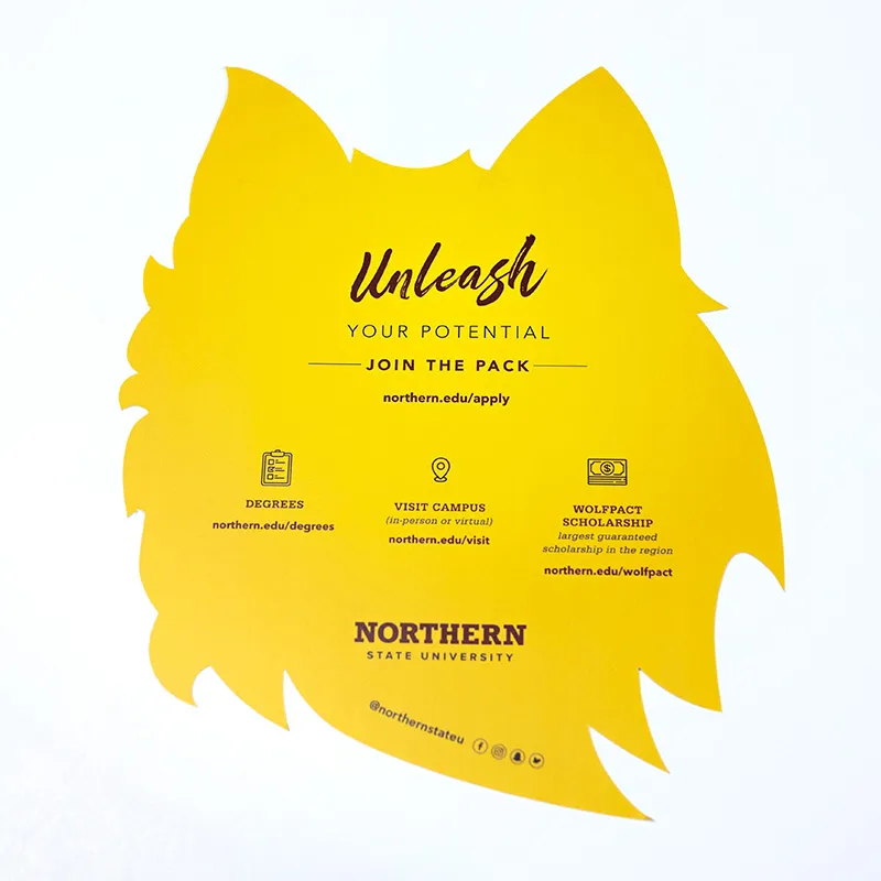 Yellow wolf head silhouette with text promoting Northern State University, featuring 'Unleash Your Potential' and 'Join the Pack' with URLs for degrees, campus visits, and scholarship information.
