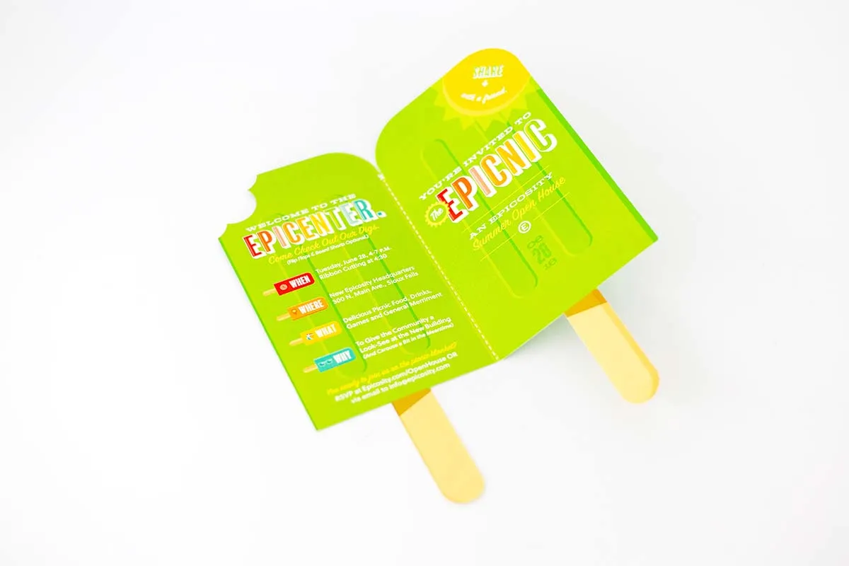 Bright green invitation card shaped like two popsicles on wooden sticks, inviting to the Epicenter event with details on date, time, location, and activities.
