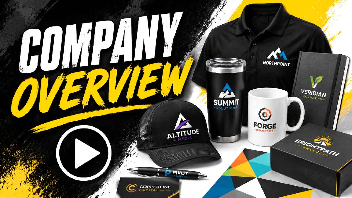 Black background with bold white and yellow text reading 'Company Overview' and a white play button symbol, surrounded by branded promotional items including a black polo shirt with NorthPoint logo, black hat with Altitude Media logo, black tumbler with Summit Solutions logo, white mug with Forge Industries logo, black notebook with Veridian Consulting logo, black box with BrightPath Energy logo, pen with Pivot Strategies logo, and business card with Copperline Capital logo.
