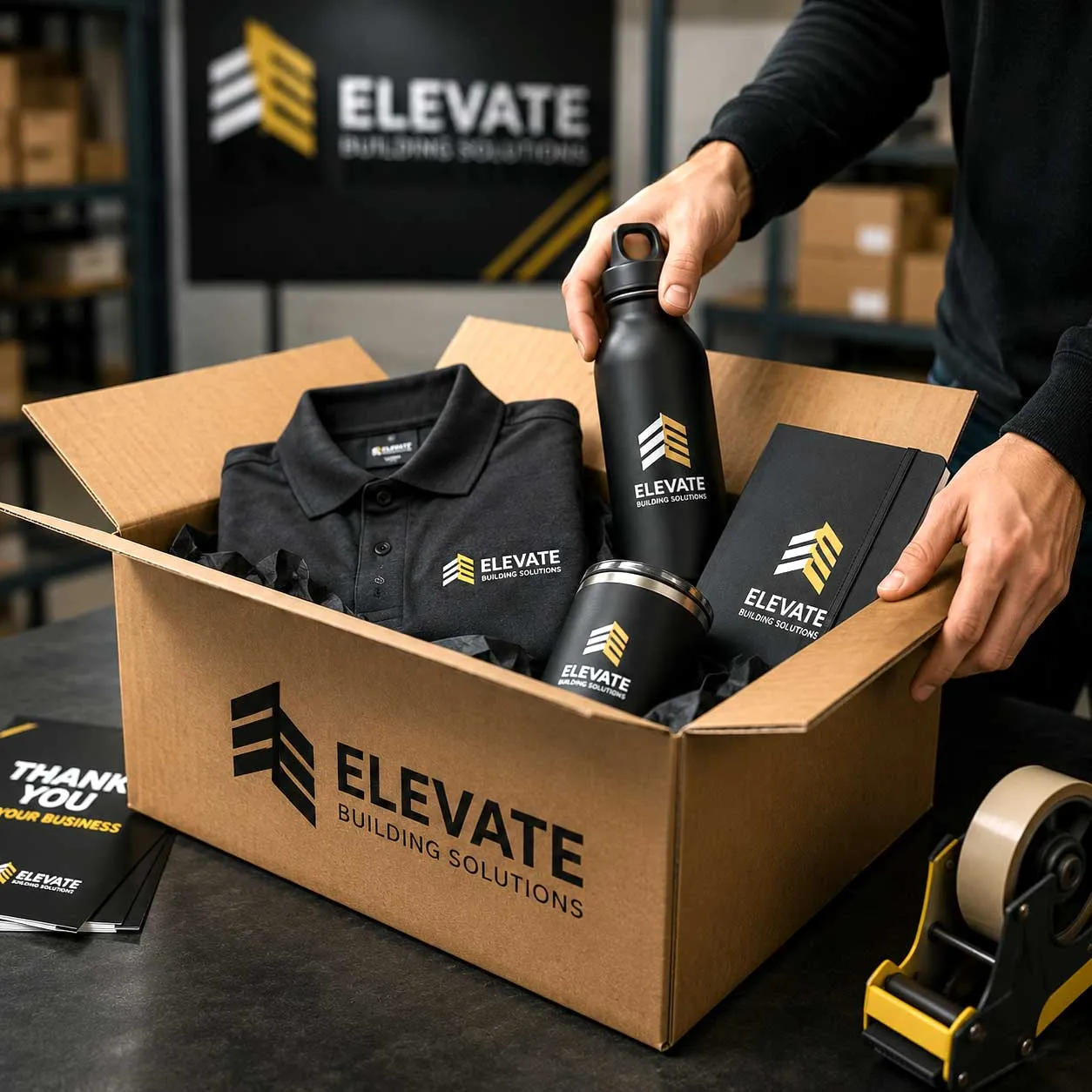 A person packing a cardboard box containing branded promotional items including a black polo shirt, black water bottle, black tumbler, and black notebook, all with the yellow and white Elevate Building Solutions logo, set on a dark surface with a tape dispenser nearby.