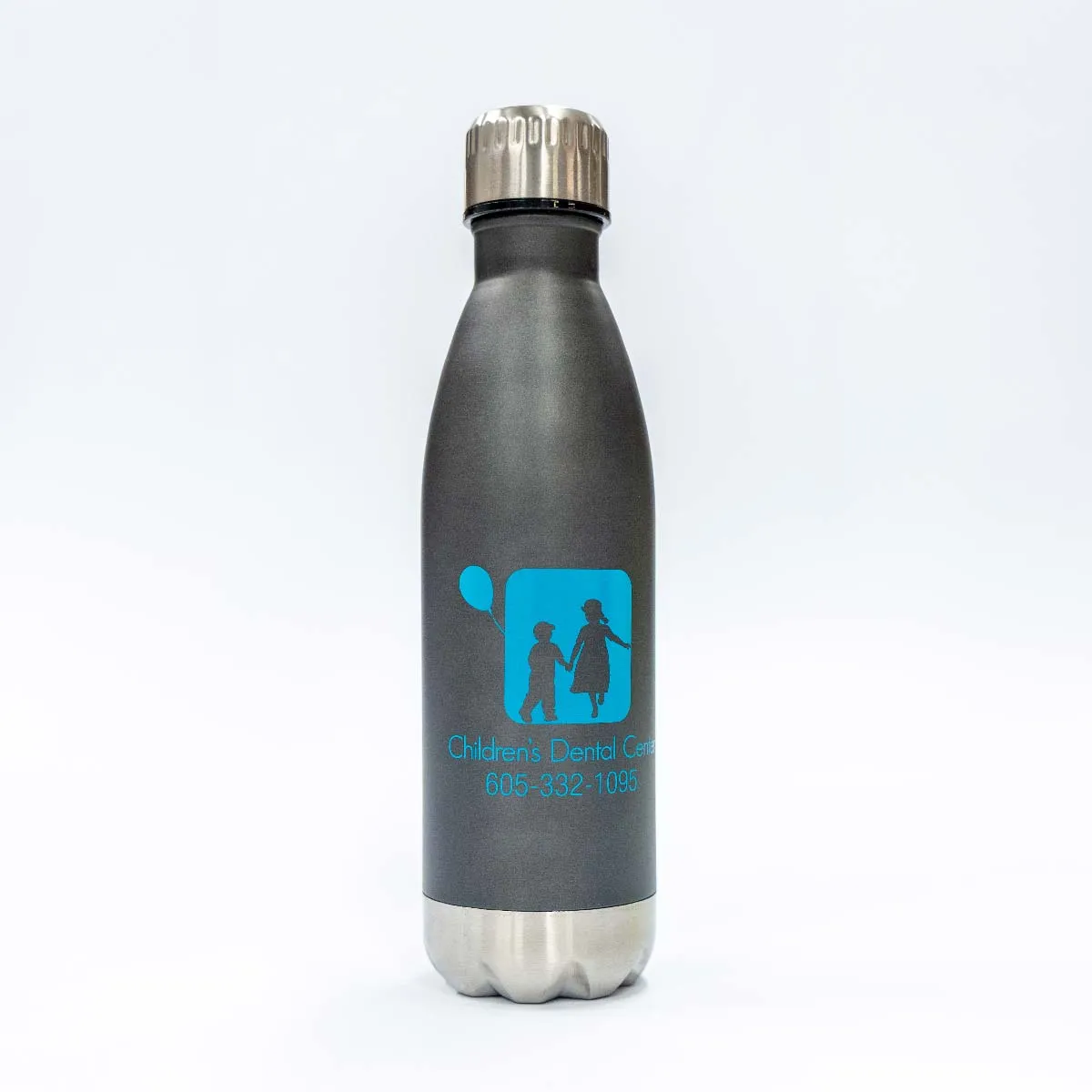 Gray insulated bottle with silver cap and base featuring a blue logo of two children holding hands, one with a balloon, and text 'Children’s Dental Center 605-332-1095'.