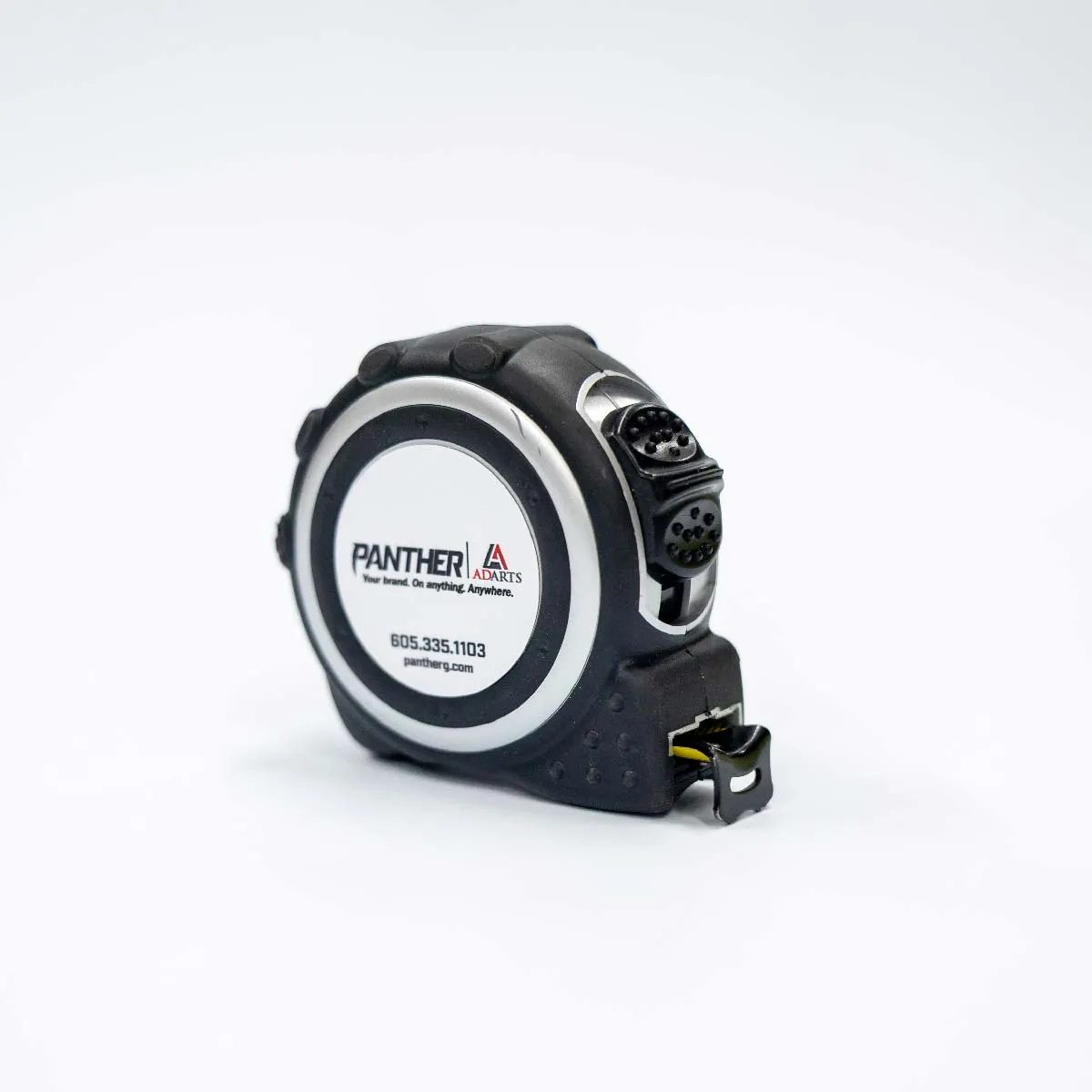 Black and silver Panther branded tape measure with a partially extended yellow and black measuring tape on a white background.