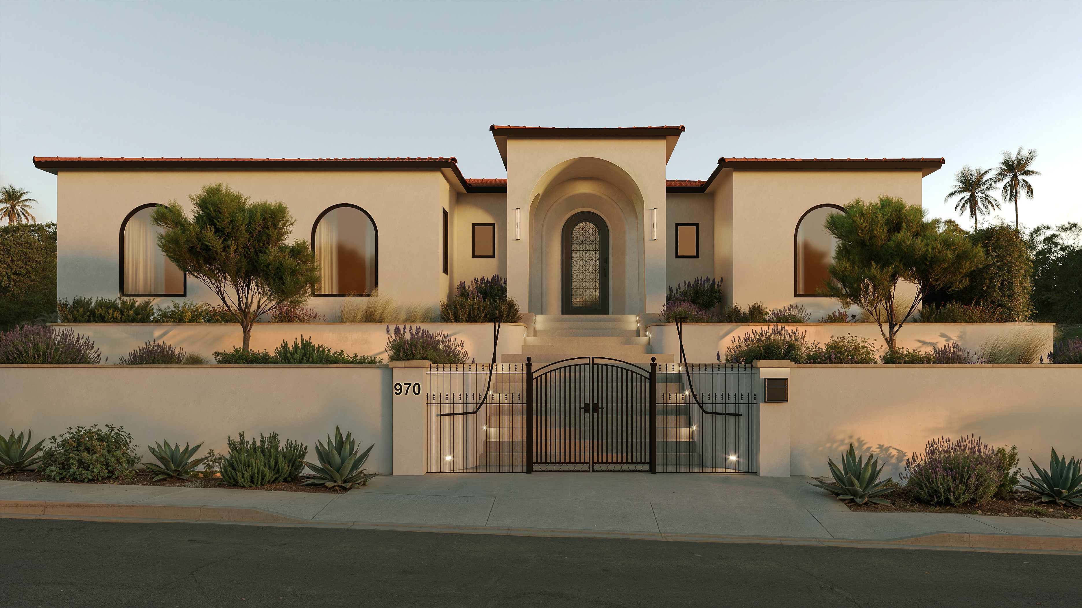 Modern single-story house with arched windows, gated stairs, beige exterior, and landscaping at dusk.
