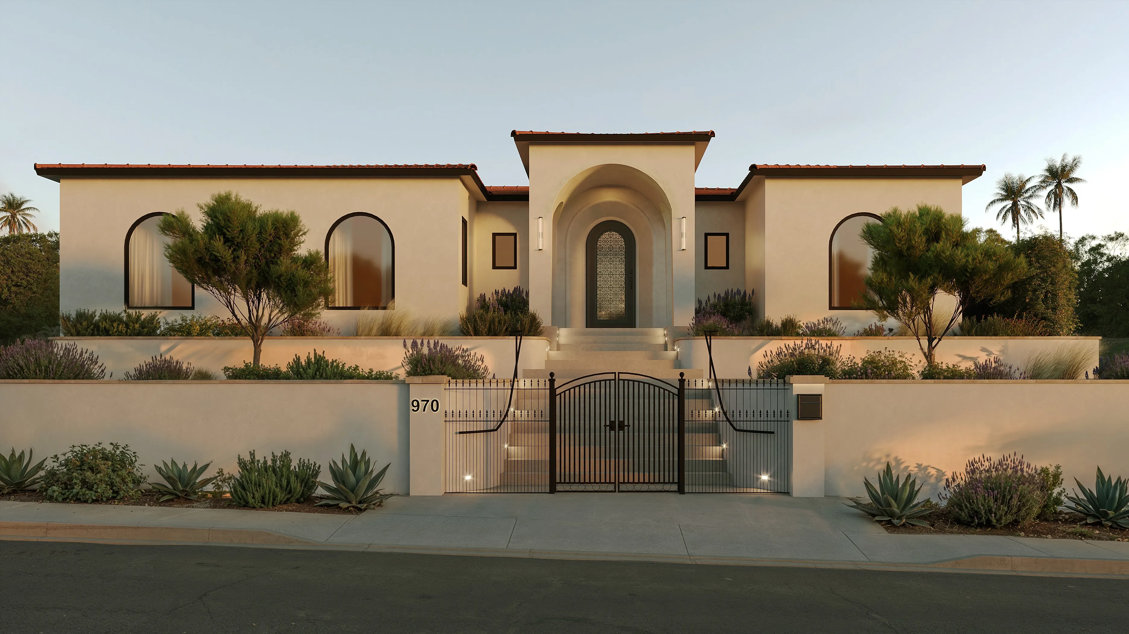 Architectural rendering of the Bluesage estate, with arched openings, a pale exterior, and landscaped grounds at dusk.