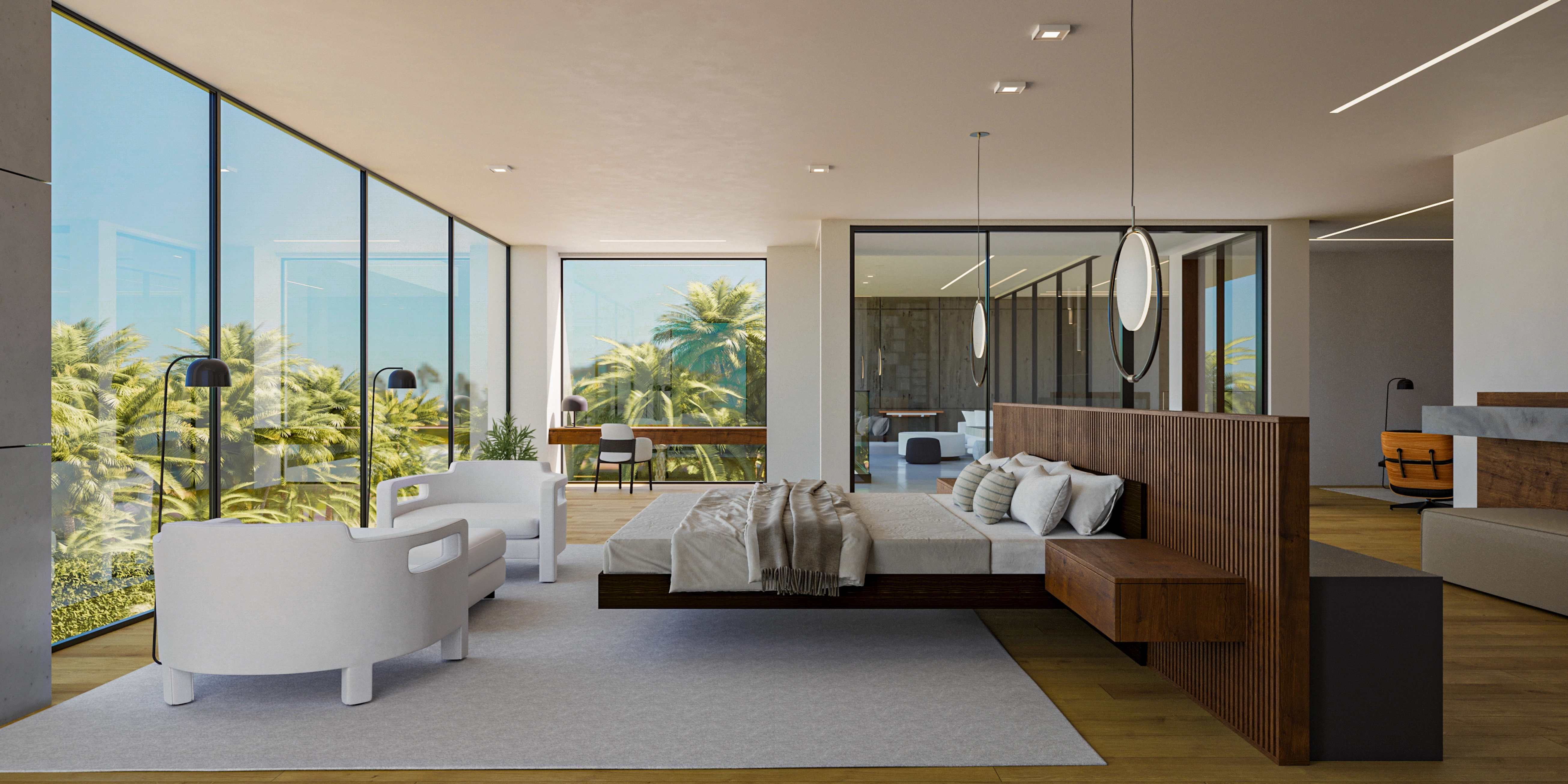 Modern bedroom with large windows, wooden bed with light bedding, white chairs, and palm trees outside.