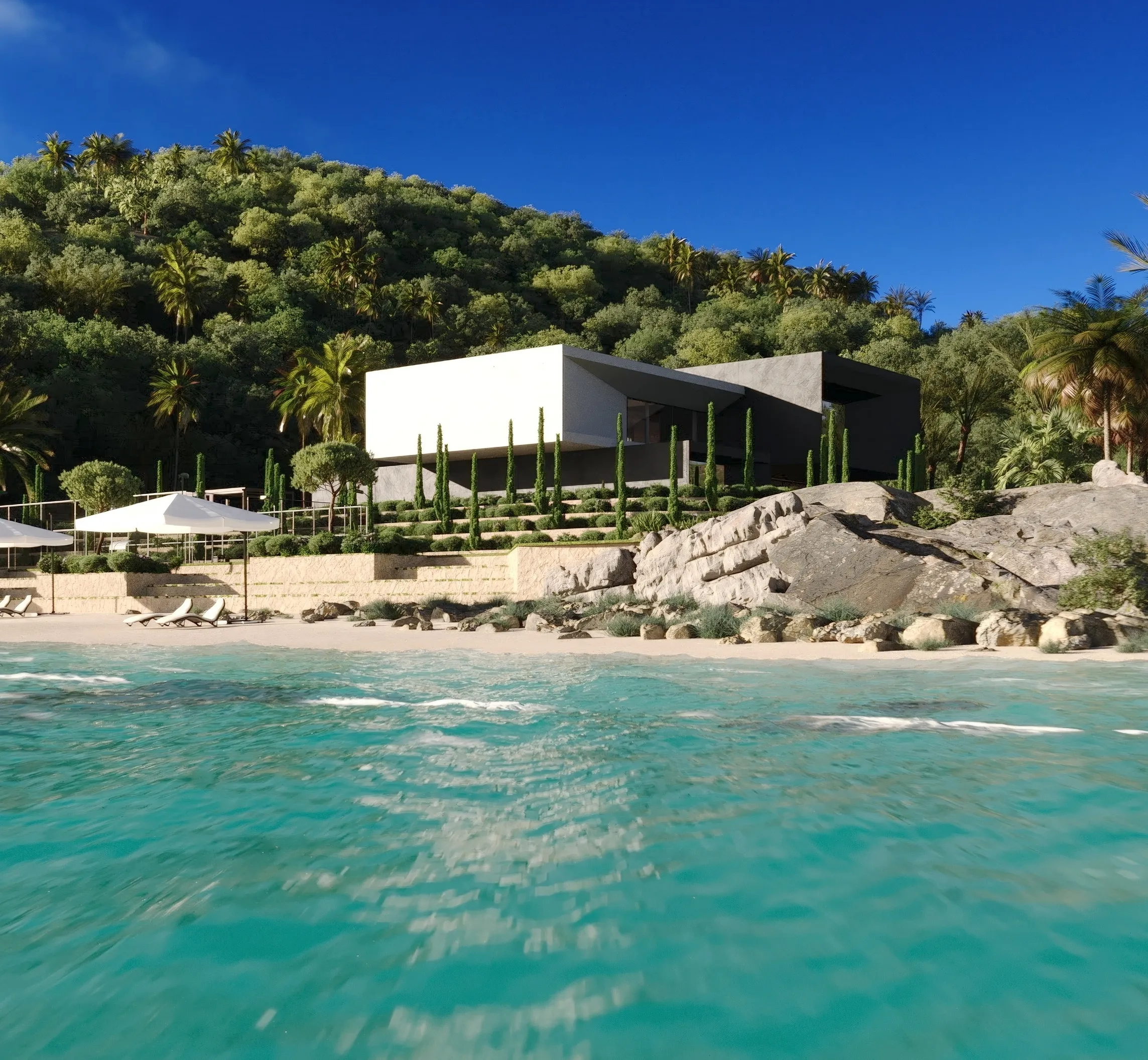 Allure coastal estate concept with pale stone, deep overhangs, and indoor-outdoor living