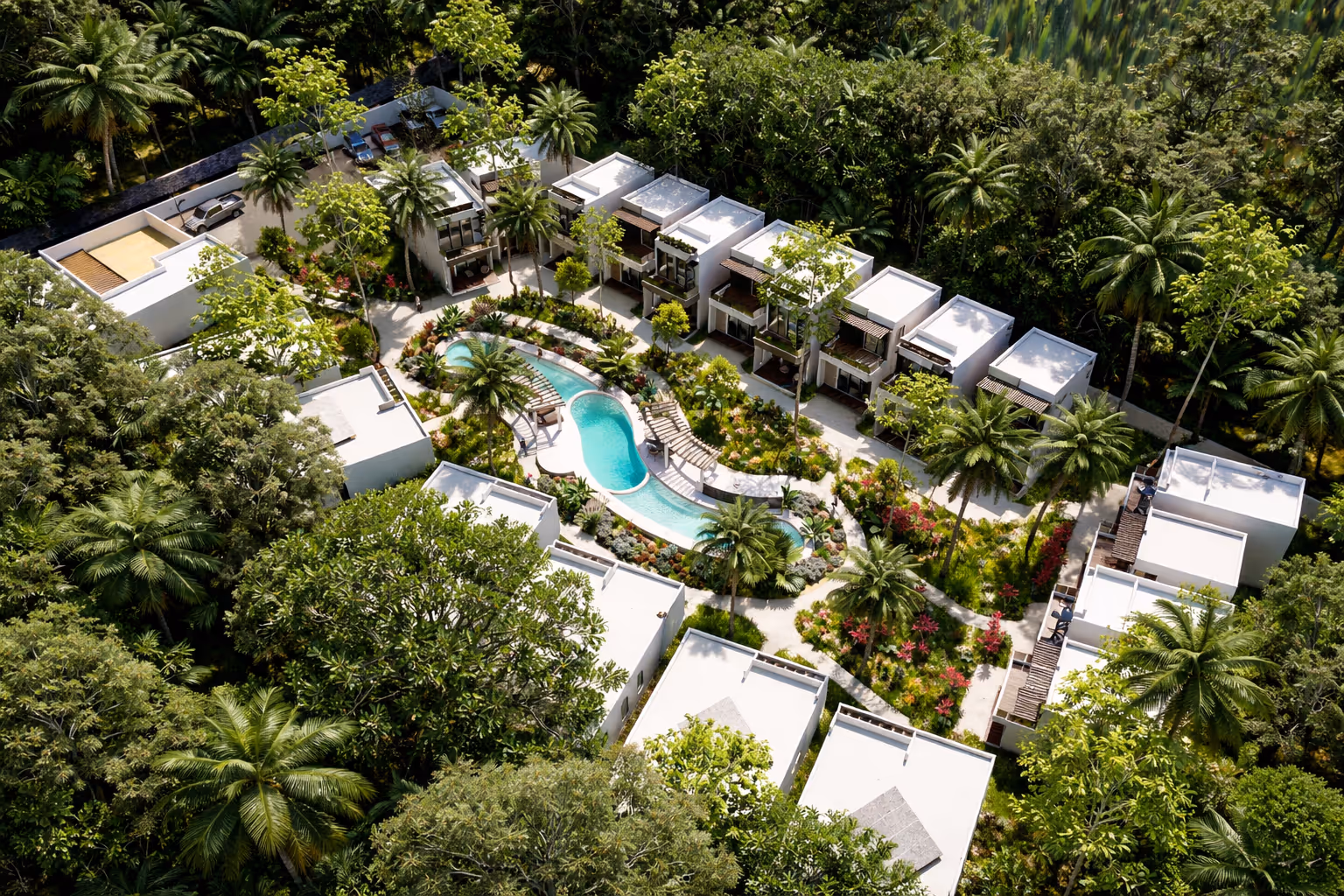 Aerial view of Villas Paradiso luxury residential community surrounded by the Riviera Maya jungle.