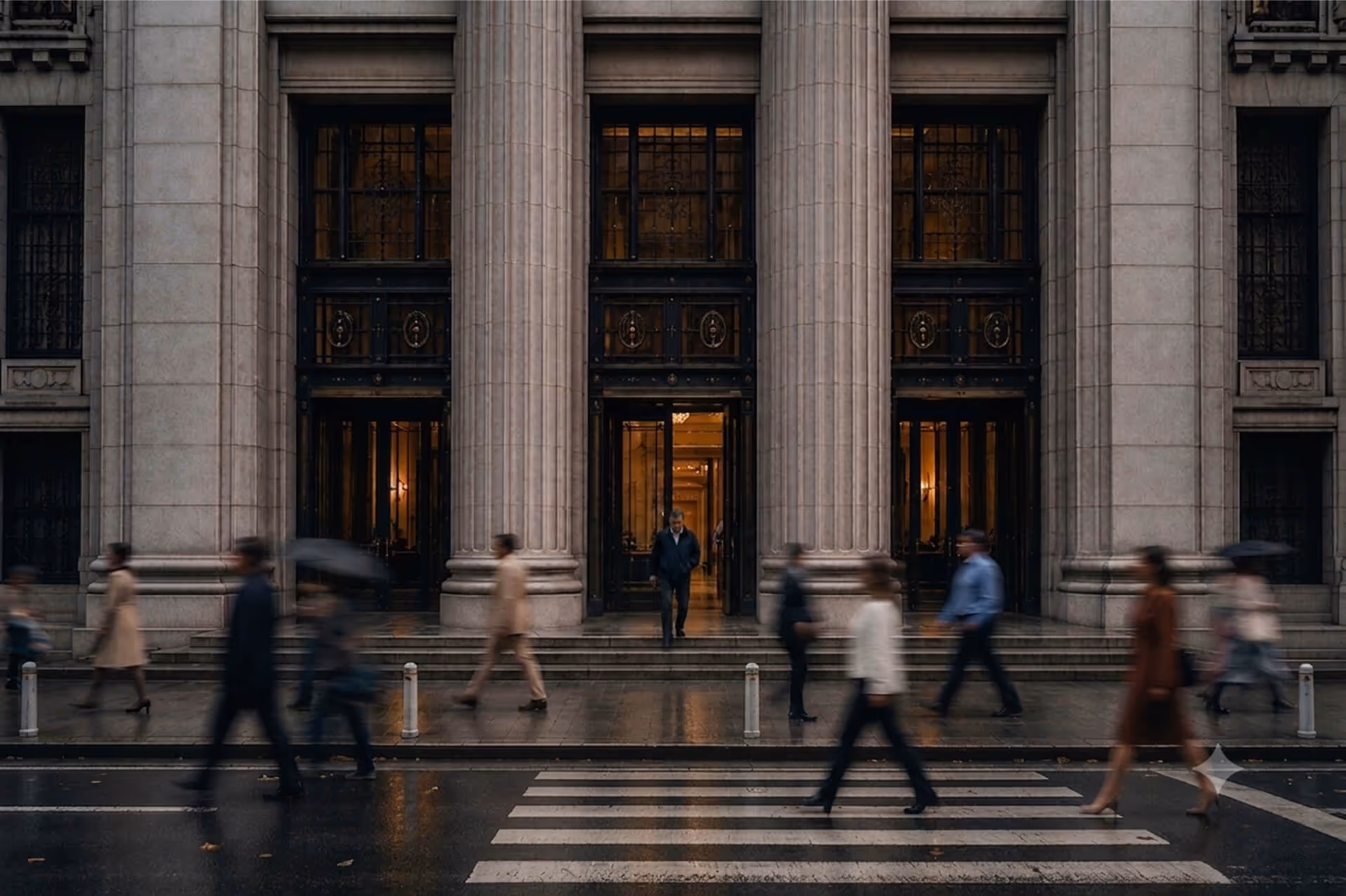 Blurred pedestrians walk across zebra crossing in front of grand building with stone columns on rainy day.