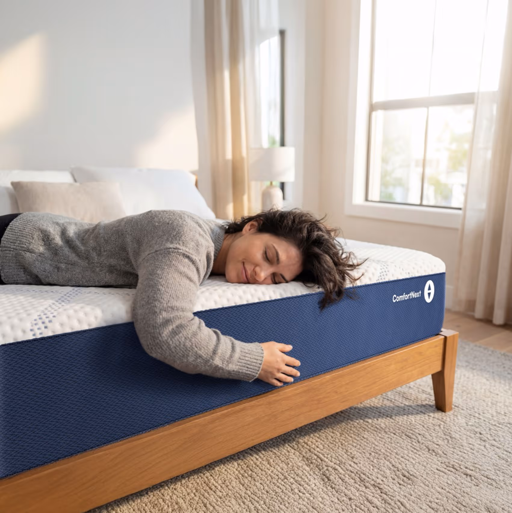 Woman lying face down with eyes closed on a blue ComfortNext mattress on a wooden bed frame.