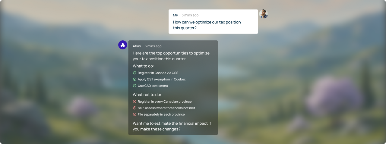 Chat showing tax optimization tips for Canadian provinces including what to do and what to avoid.