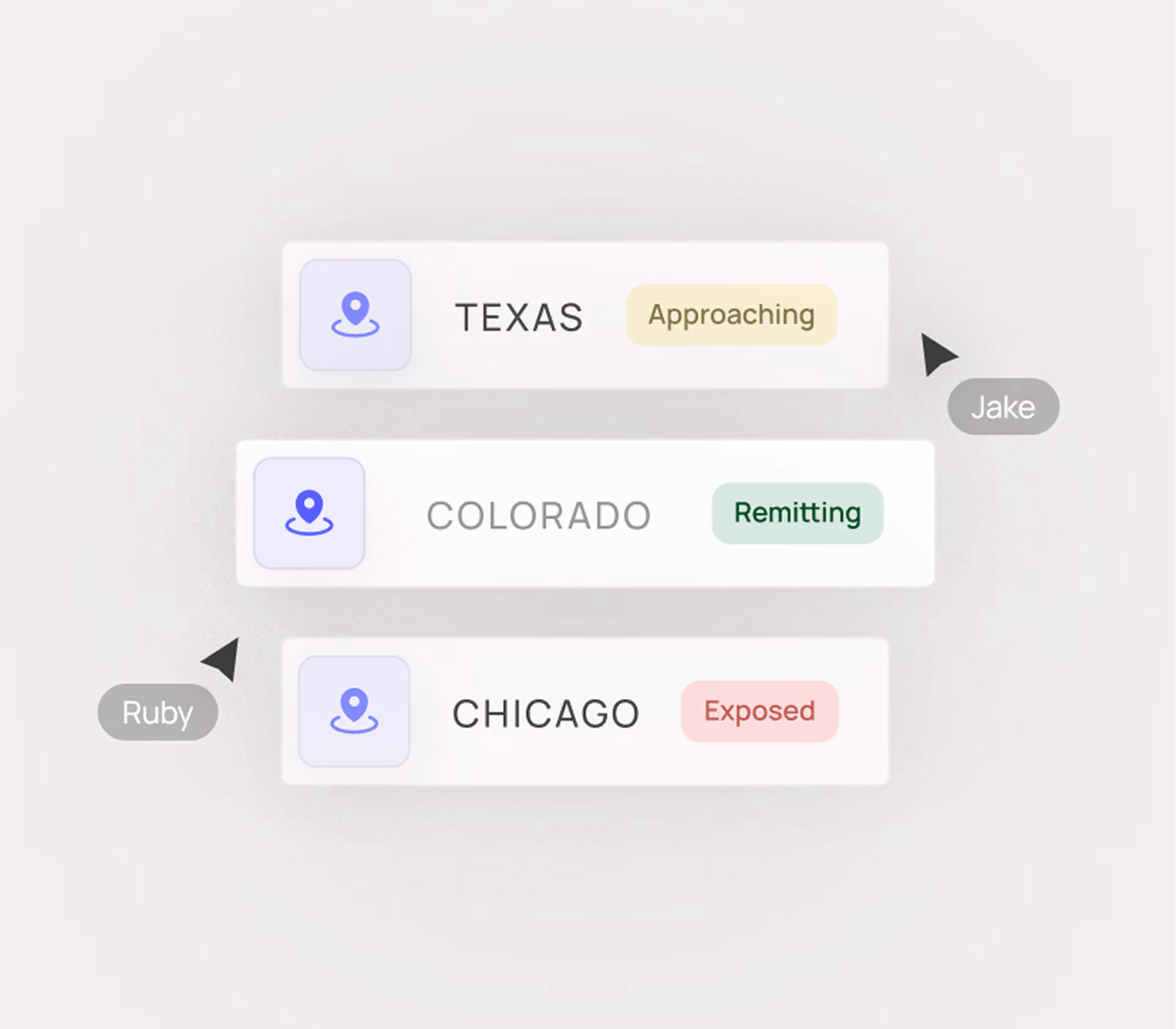 List showing Texas Approaching, Colorado Remitting, Chicago Exposed with labels Jake and Ruby.