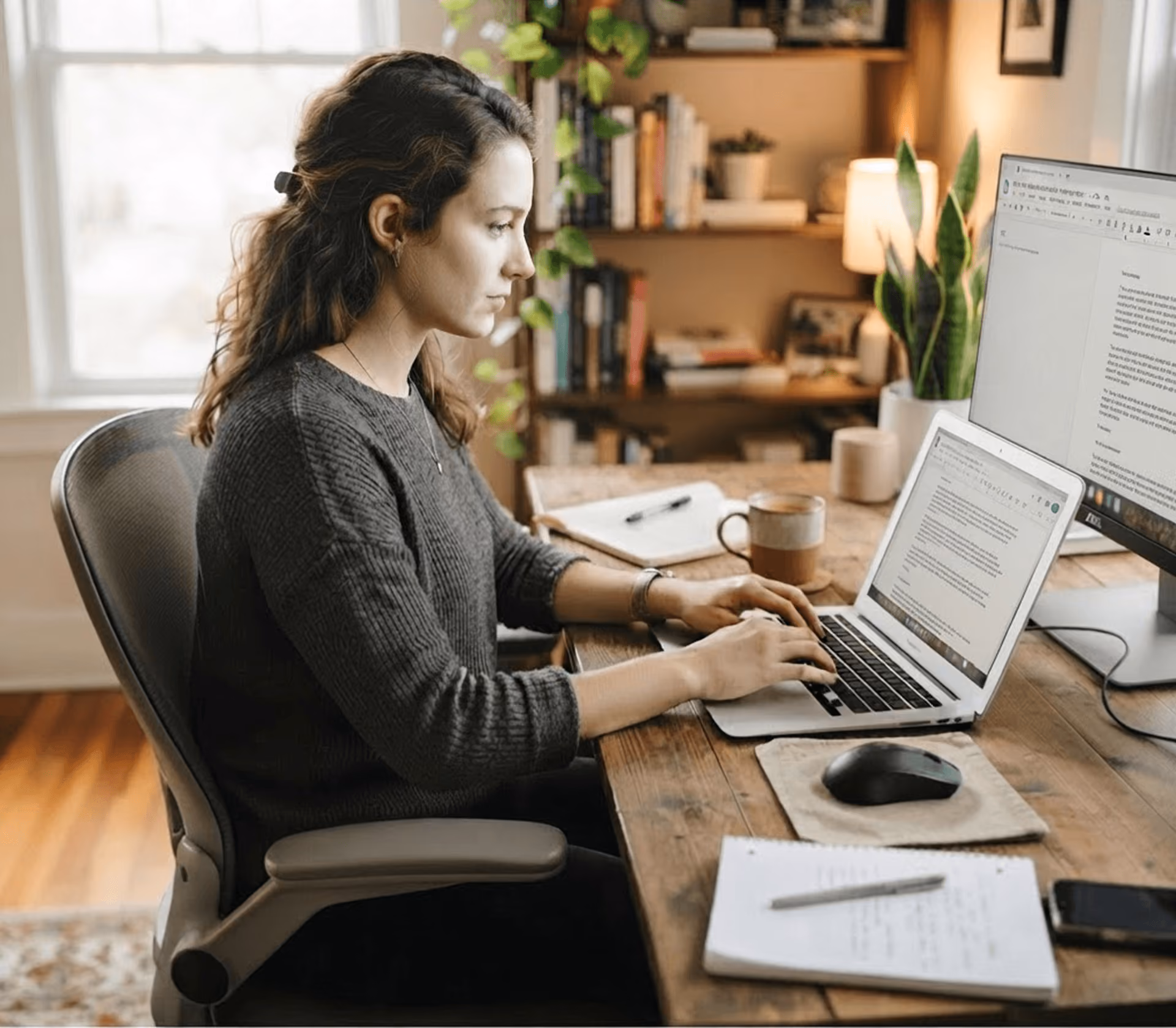 Woman typing on a laptop at a wooden desk with a monitor, notebook, mouse, and coffee cup.