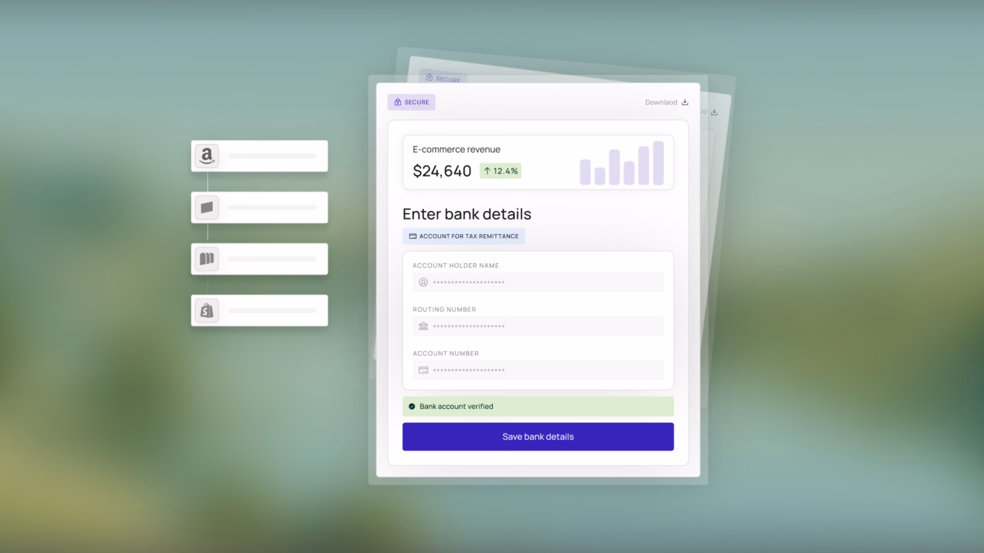 Interface showing e-commerce revenue, bank details form, and bank account verified confirmation.