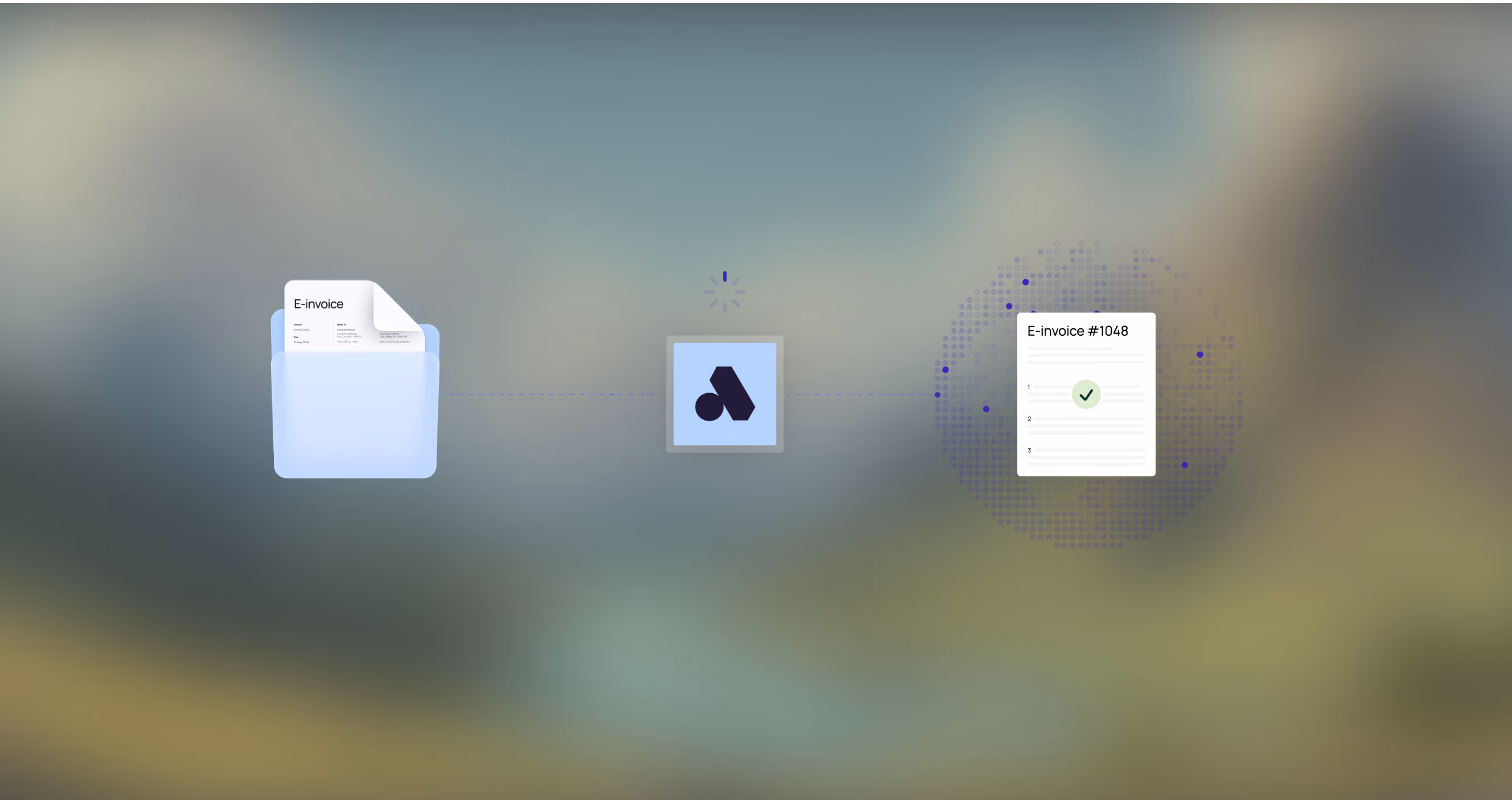 Graphic showing e-invoice document folder, a central icon with loading circle, and a verified e-invoice #1048.