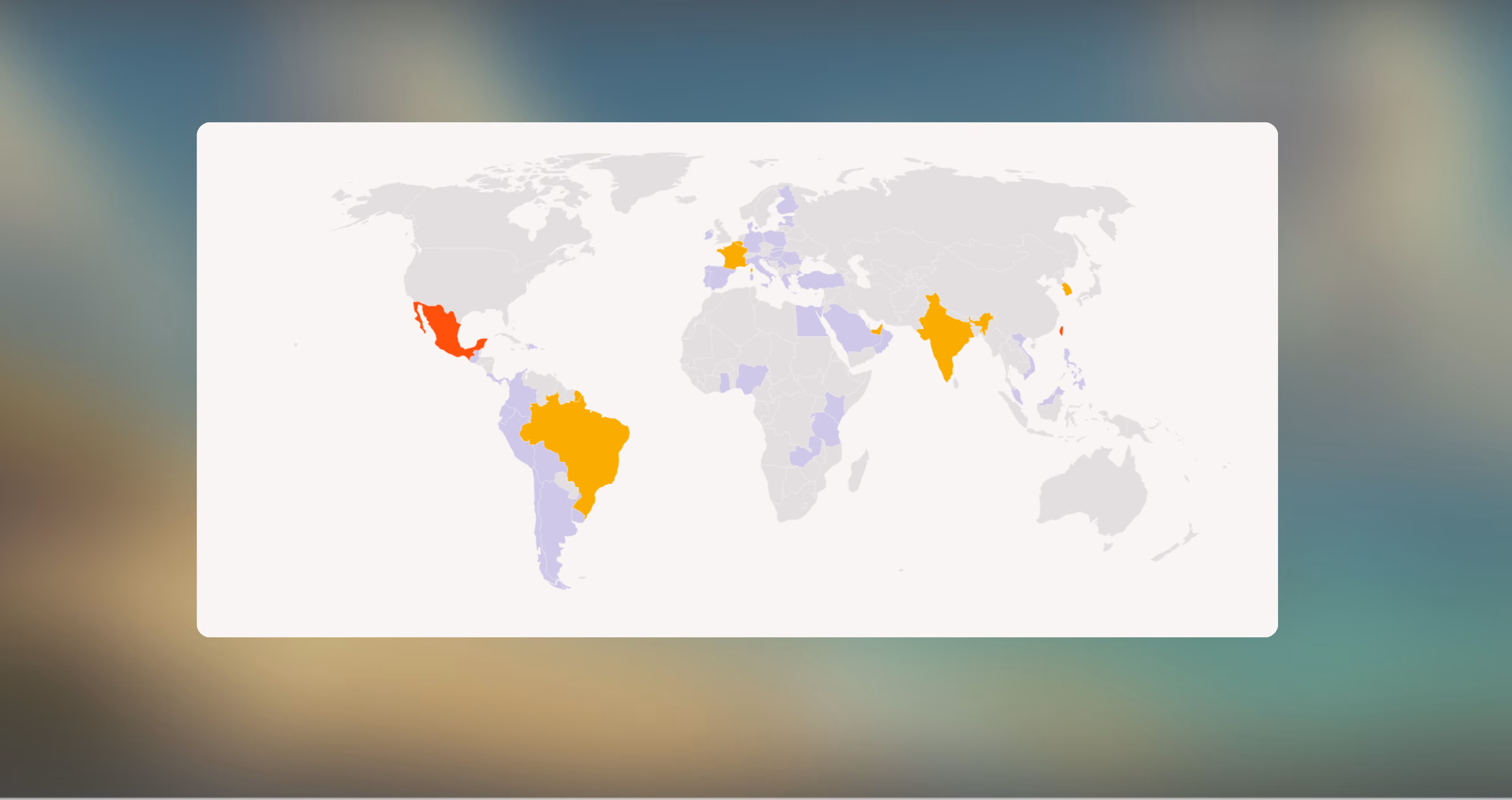 World map highlighting countries in orange and red including Brazil, India, Mexico, and Taiwan.