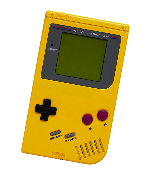 Yellow handheld retro video game console with black directional pad and red A and B buttons.