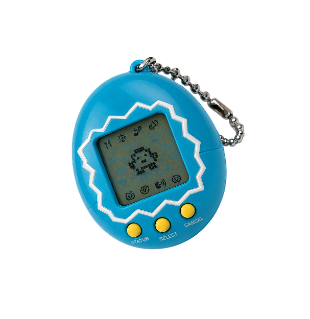 Blue digital Tamagotchi device with yellow buttons and pixelated character on screen.