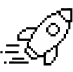 Black and white pixel art of a rocket flying to the upper right with motion lines.
