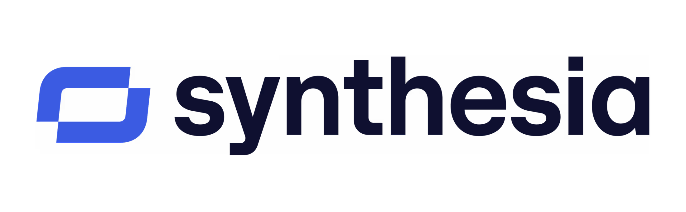 Synthesia company logo with a stylized blue rectangular symbol to the left of the word 'synthesia' in dark blue lowercase letters.