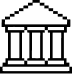 Black and white icon of a classical building with a triangular roof and four columns.